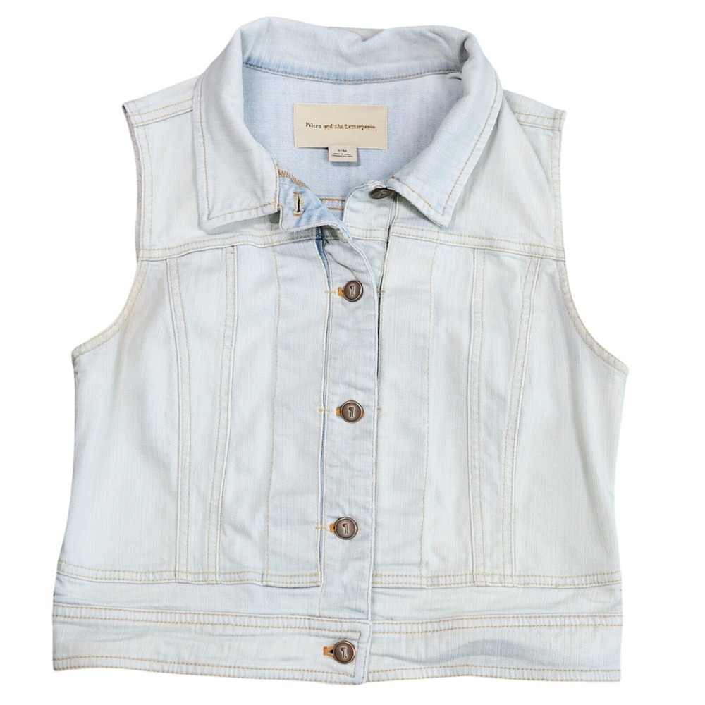 Pilcro and the Letterpress Denim Vest Women Medium Light Wash Blue Stretch Crop